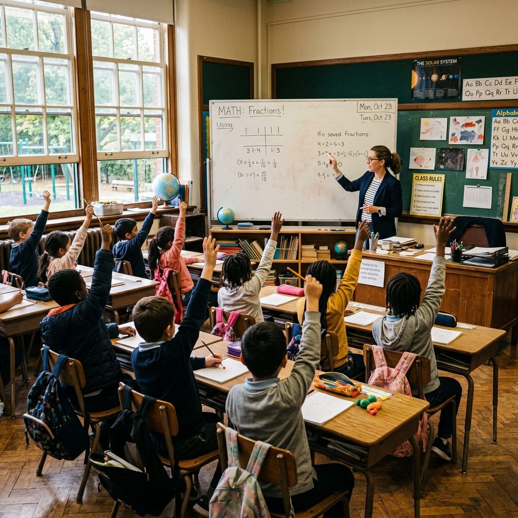 Teacher helping students with a reading assignment in a classroom